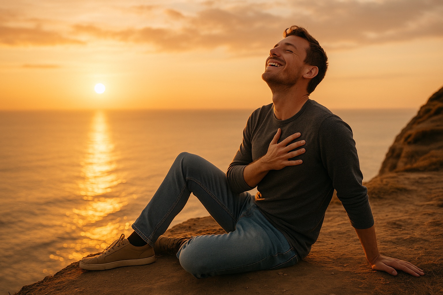 Hombre sonriendo al atardecer con la mano en el pecho, símbolo de bienestar y energía interior