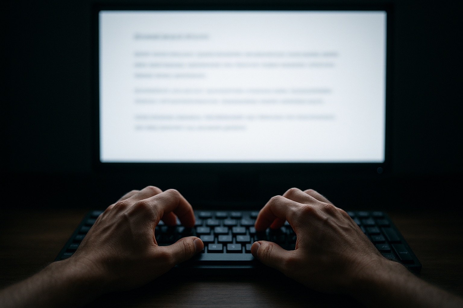 Manos escribiendo en un teclado frente a una pantalla, simbolizando testimonios y opiniones de usuarios